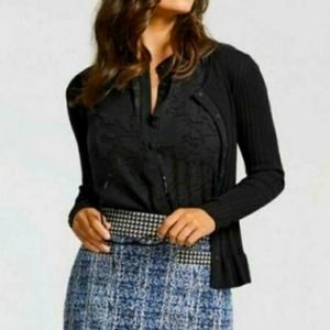 Cabi Womens Black Ruffle Party Cardigan Ribbed Peplum Size Large